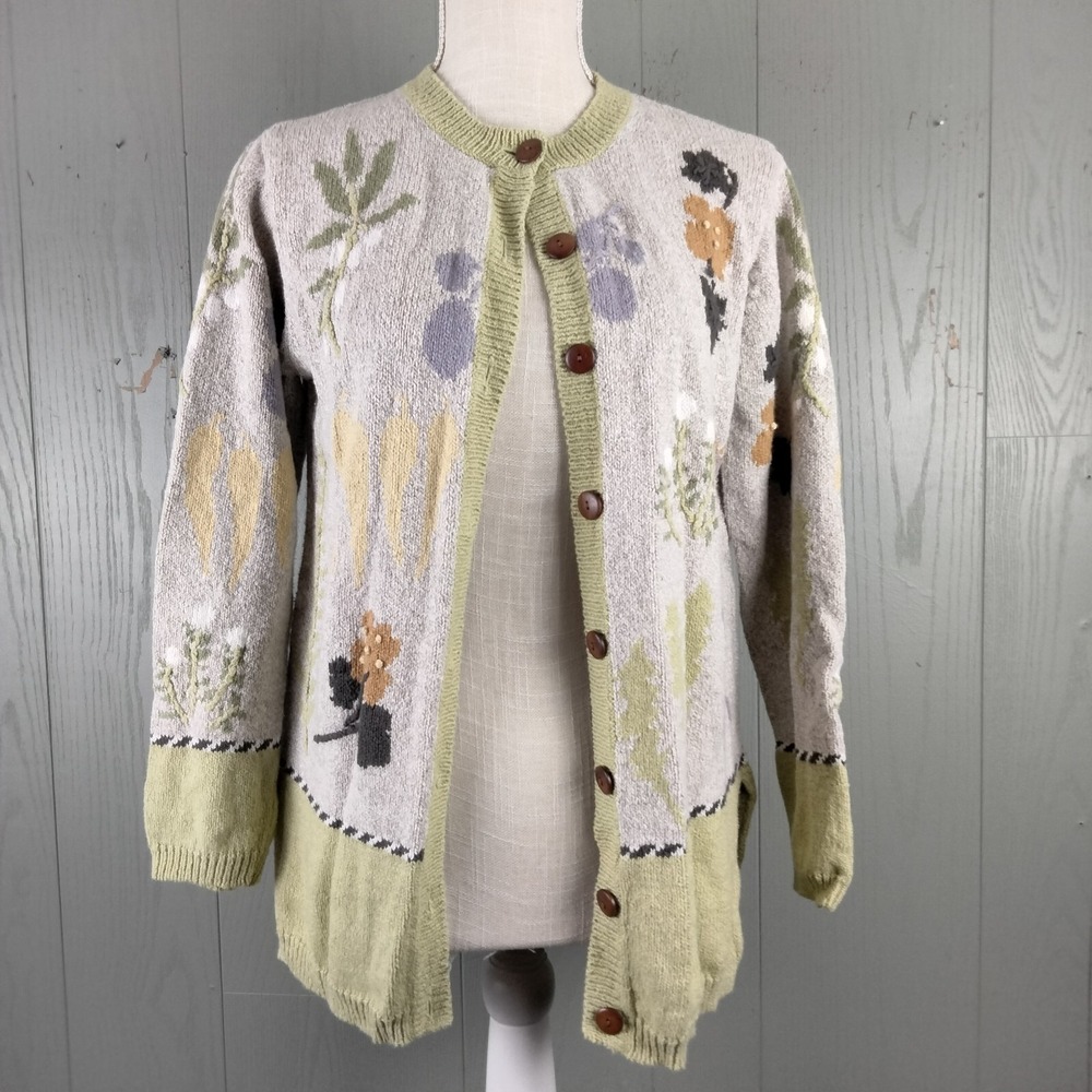 VINTAGE Nan Hadden Cardigan Sweater Womens L Linen Blend Cottagecore Artsy‎ 80s